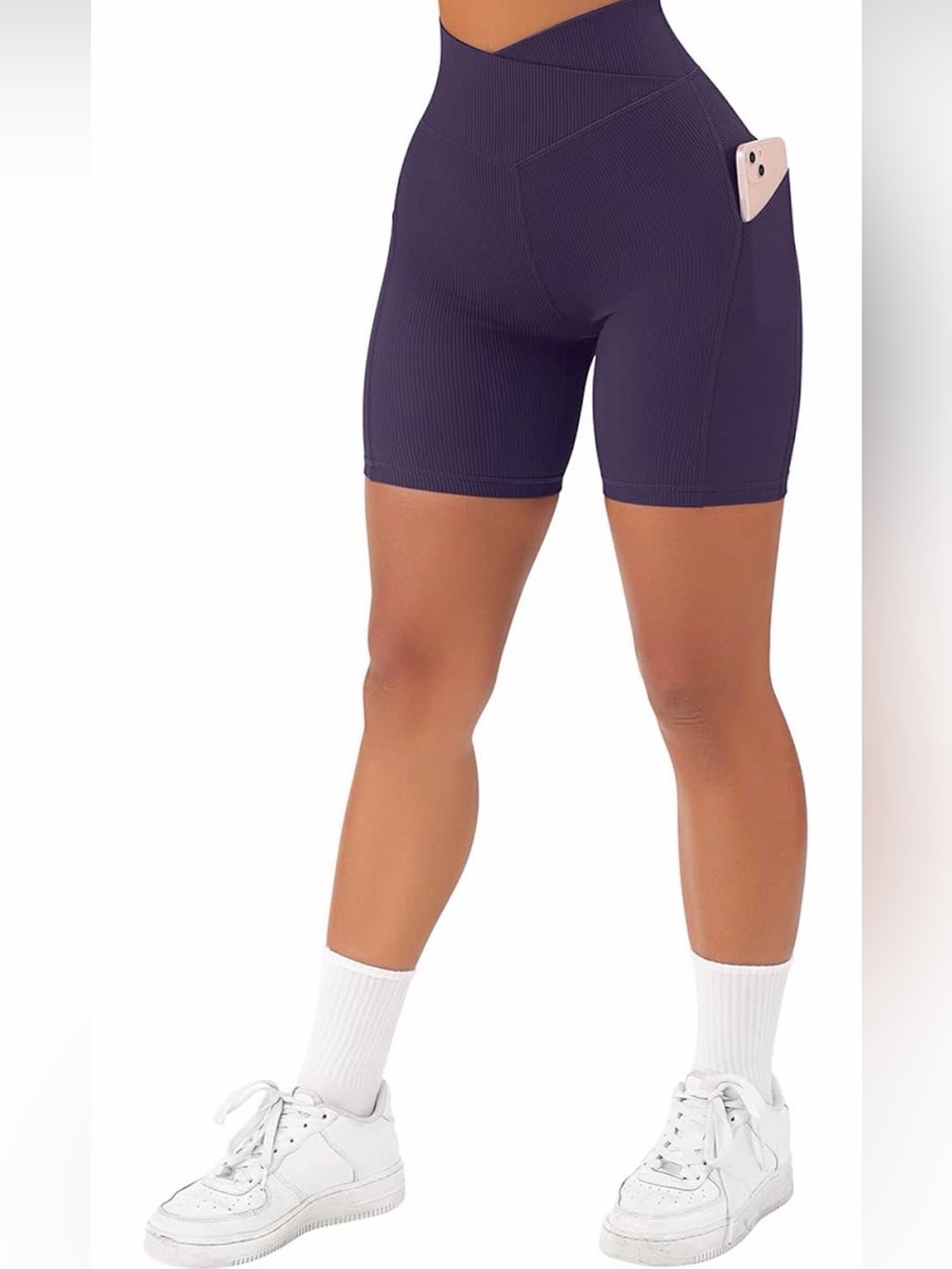 High-Waist Navy Bike Shorts with Side Phone Pocket